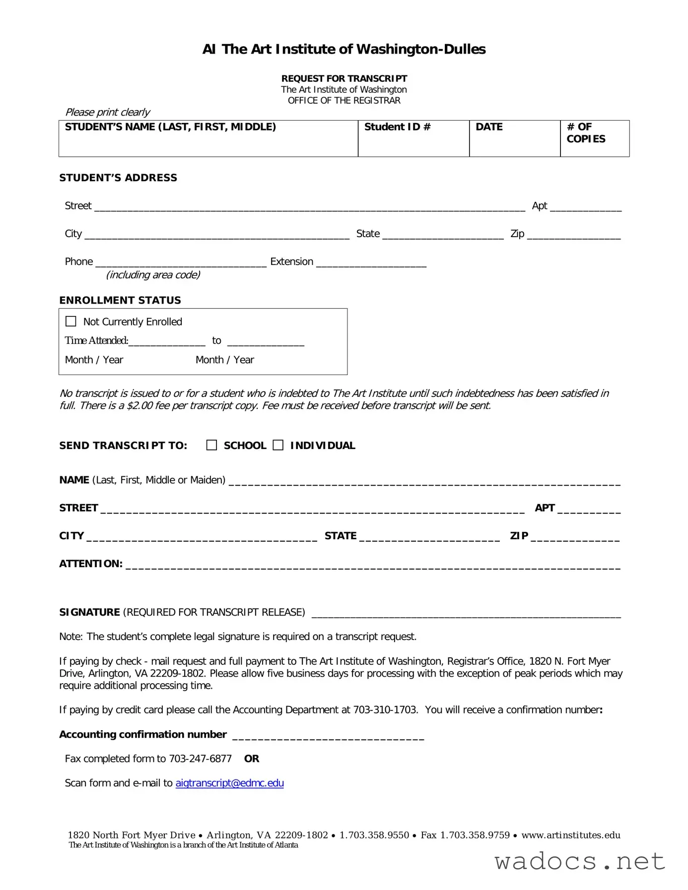 Blank Art Institute Of Washington Transcript Request Form