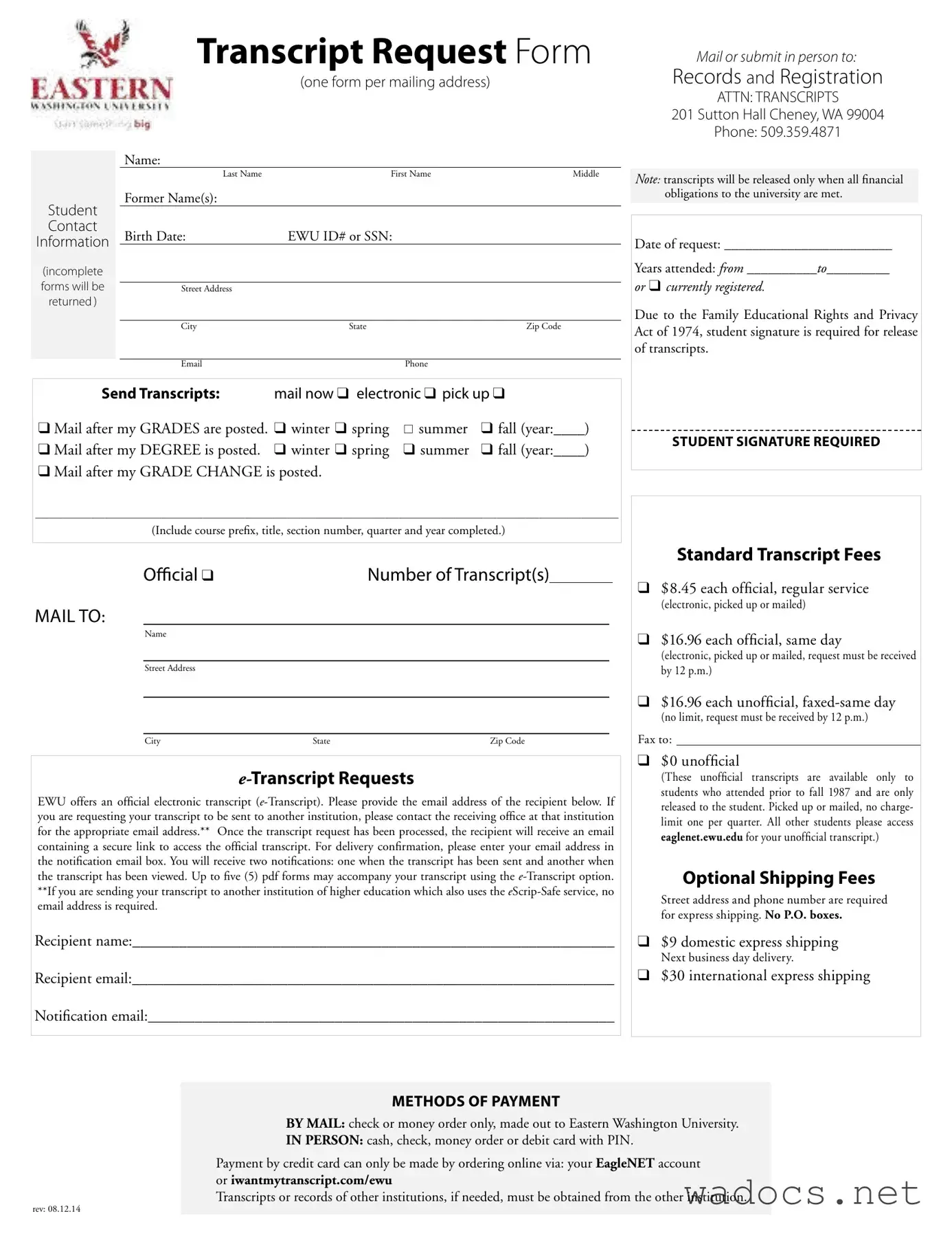 Blank Eastern Washington University Transcript Form