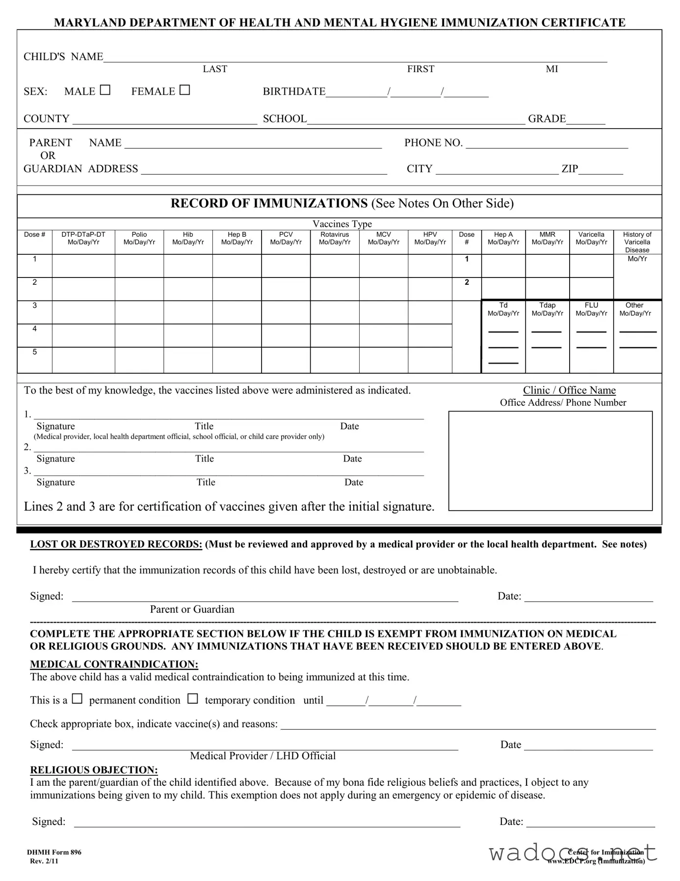 Blank Immunization Washington State Form