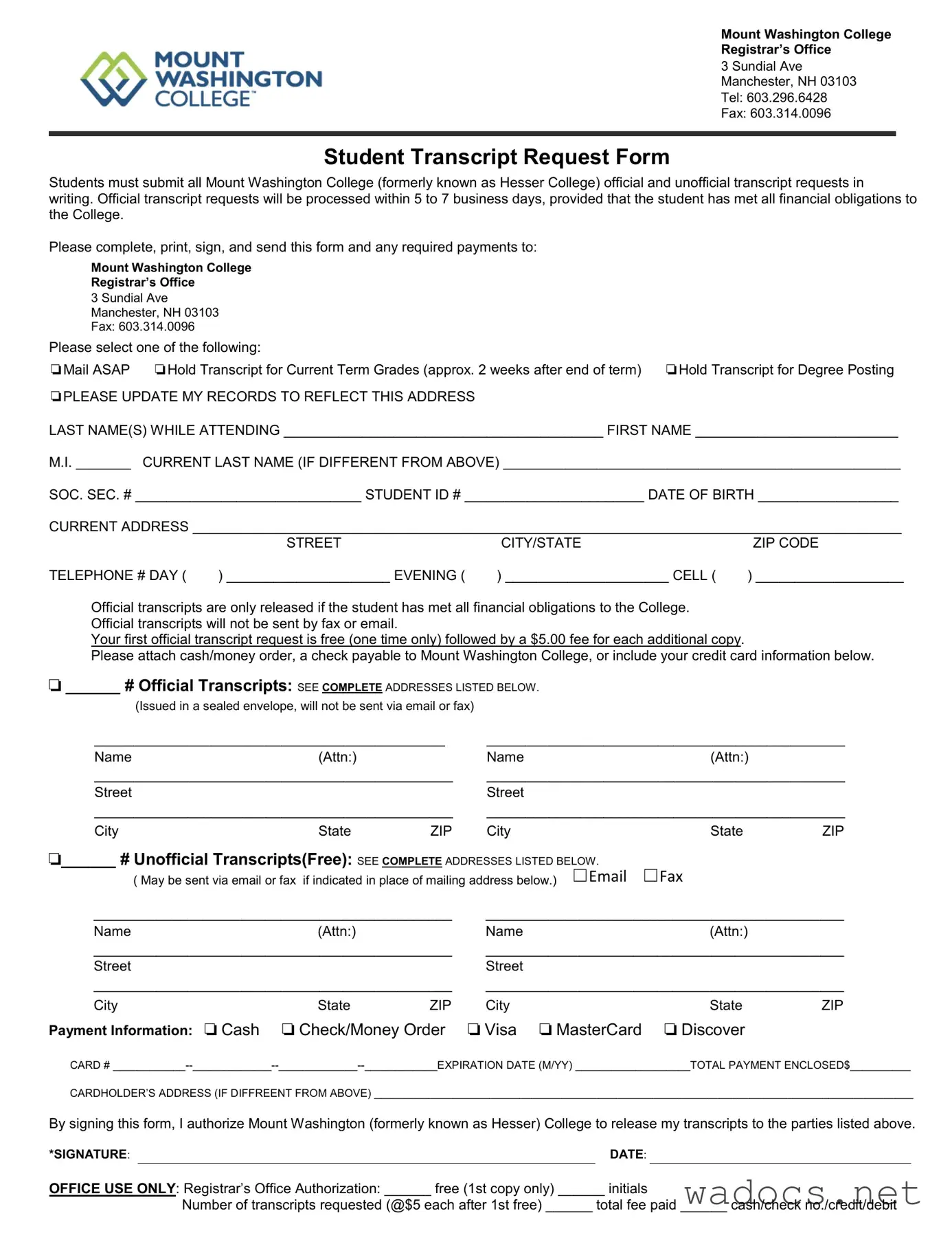 Blank Mount Washington College Transcript Form