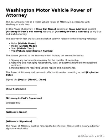 Attorney-Verified Motor Vehicle Power of Attorney Template for Washington State