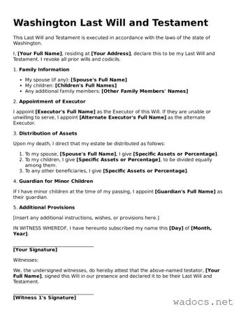Attorney-Verified Last Will and Testament Template for Washington State