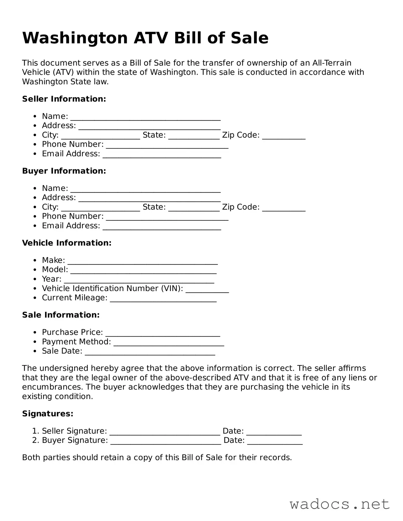 Attorney-Verified ATV Bill of Sale Template for Washington State