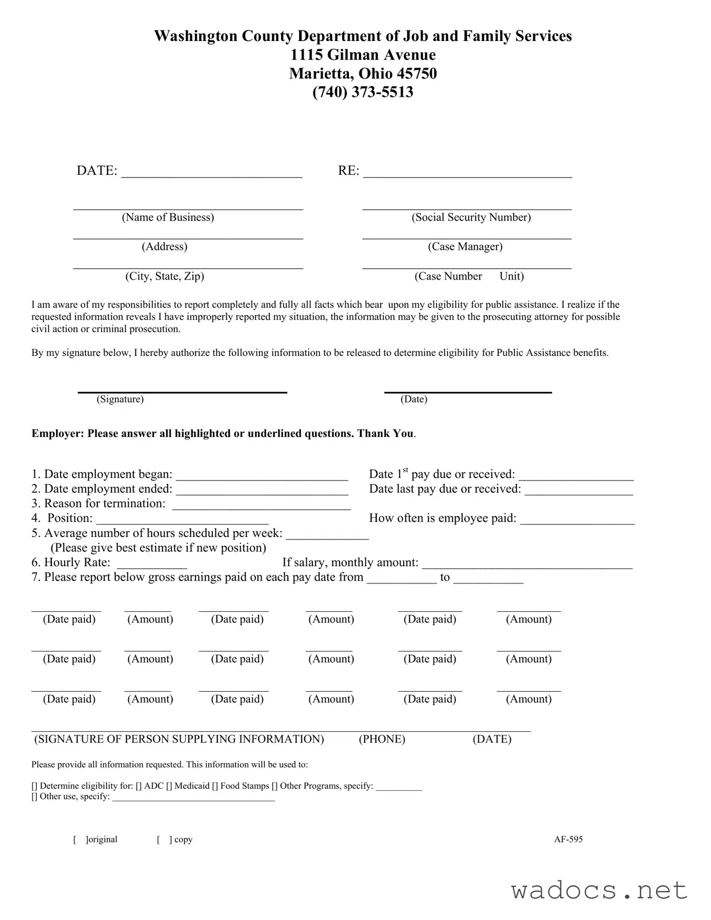 Blank Washington Af 595 Form
