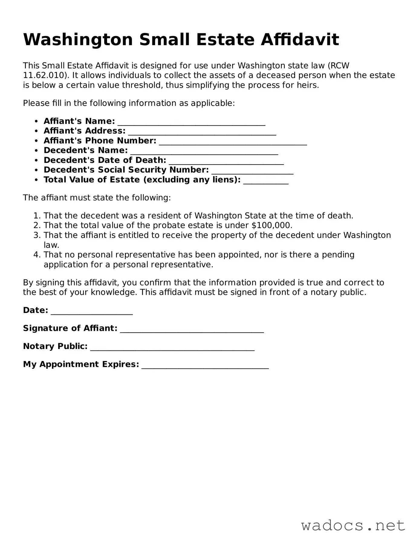 Attorney-Verified Small Estate Affidavit Template for Washington State