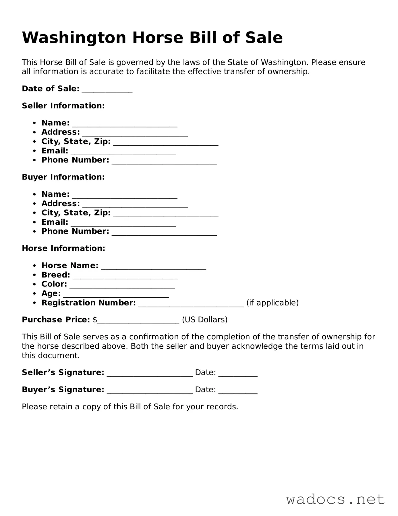 Attorney-Verified Horse Bill of Sale Template for Washington State