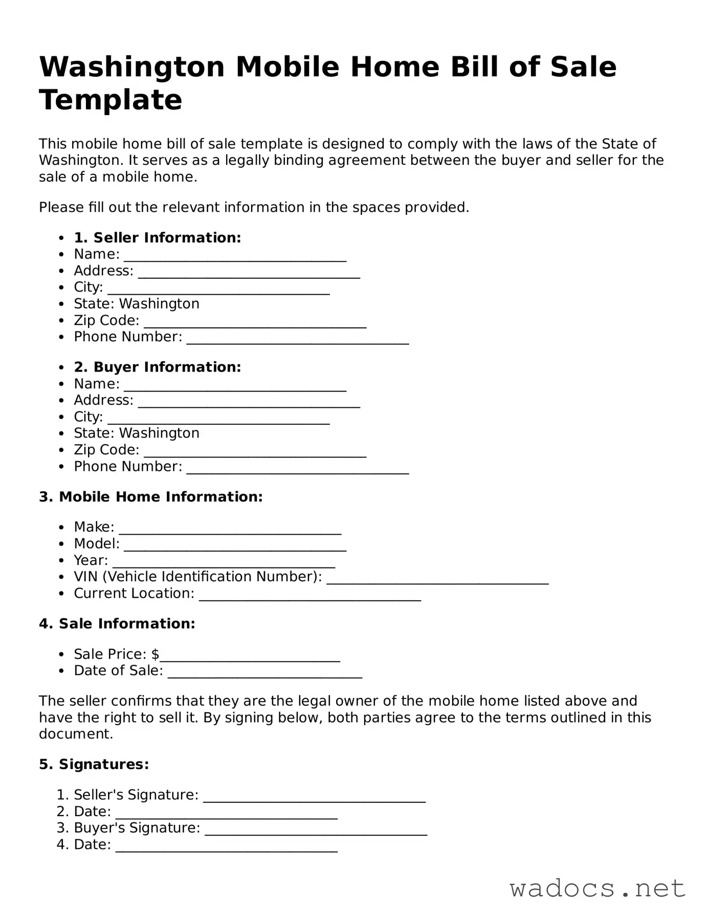 Attorney-Verified Mobile Home Bill of Sale Template for Washington State