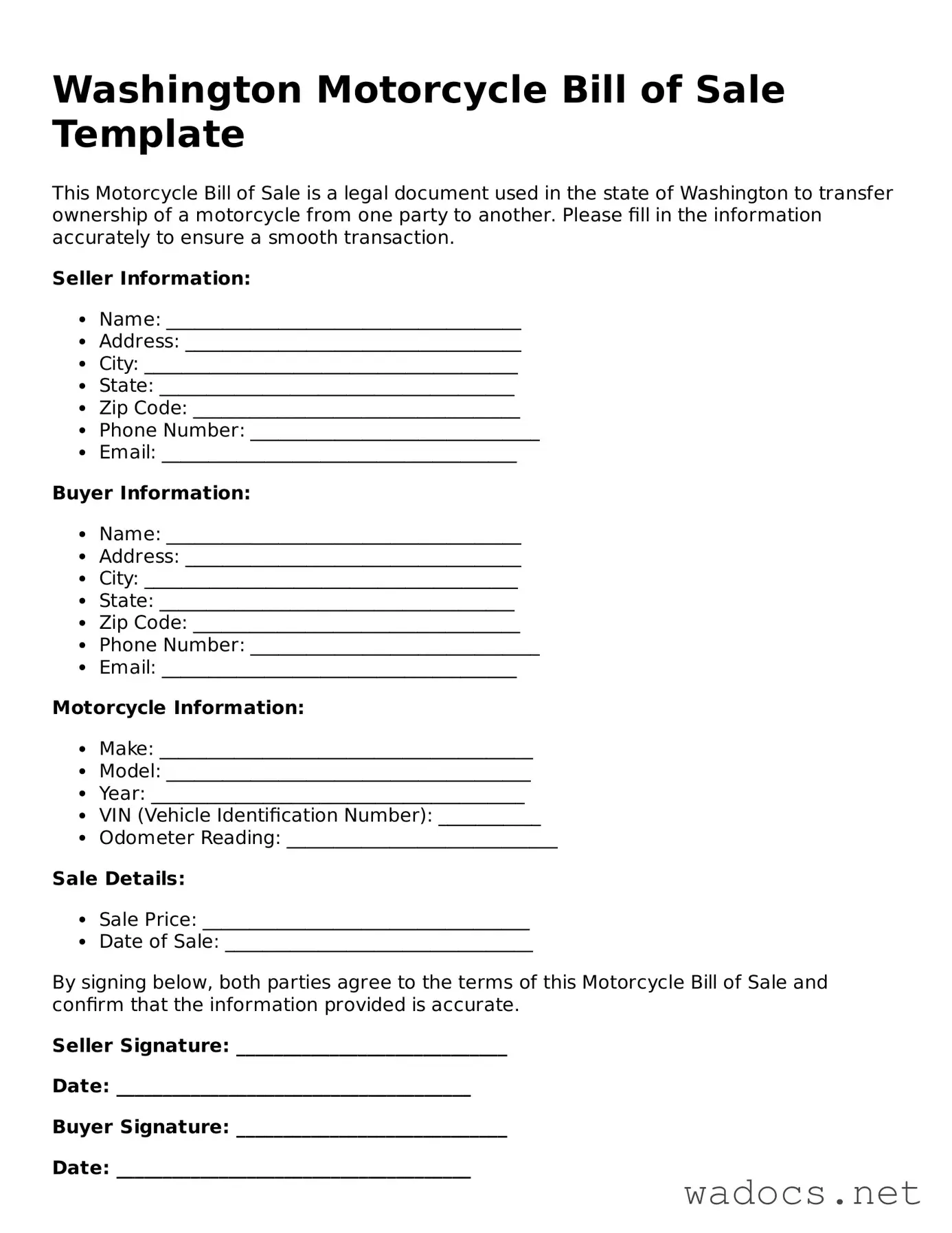 Attorney-Verified Motorcycle Bill of Sale Template for Washington State