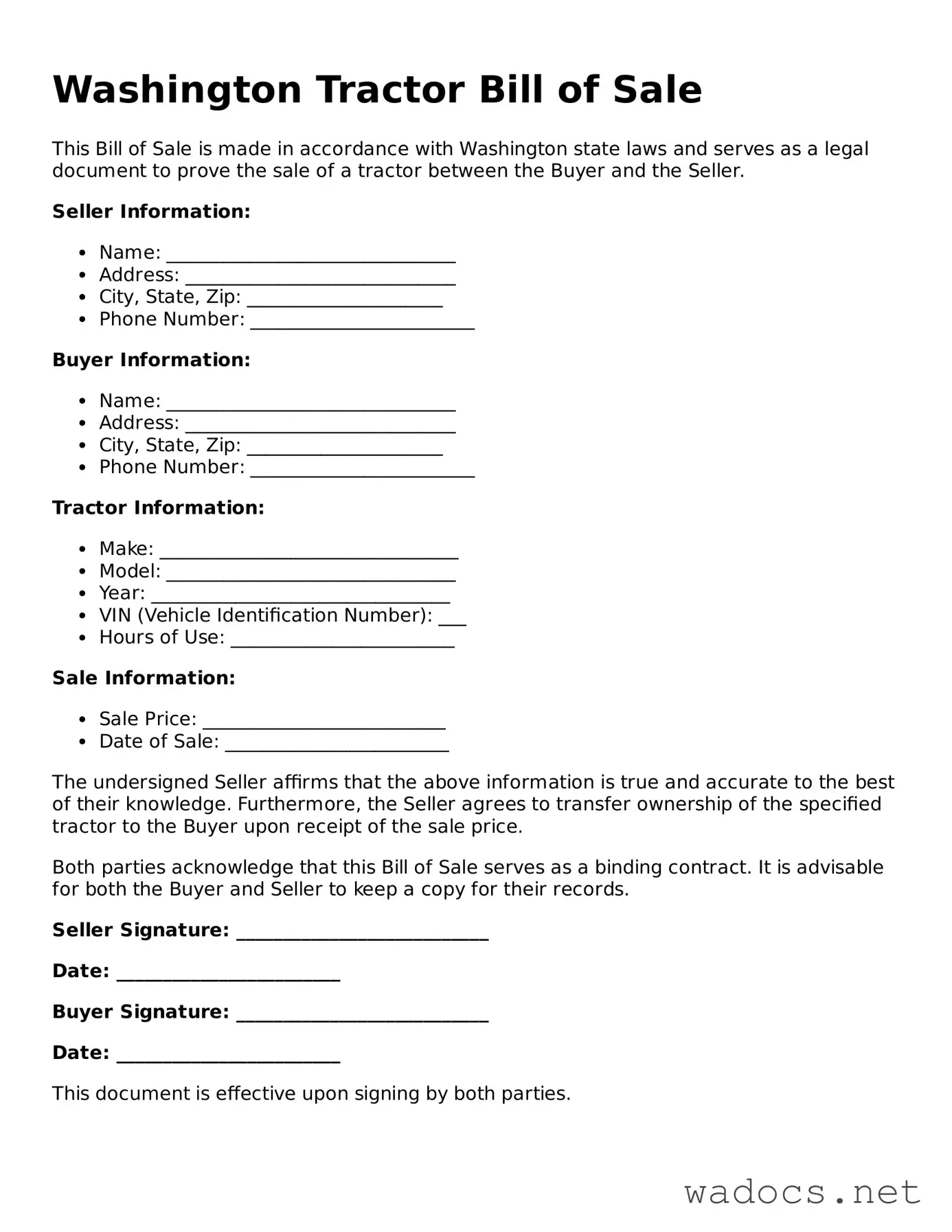 Attorney-Verified Tractor Bill of Sale Template for Washington State