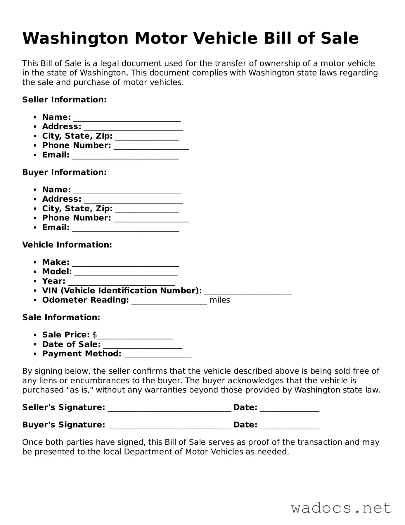 Attorney-Verified Motor Vehicle Bill of Sale Template for Washington State