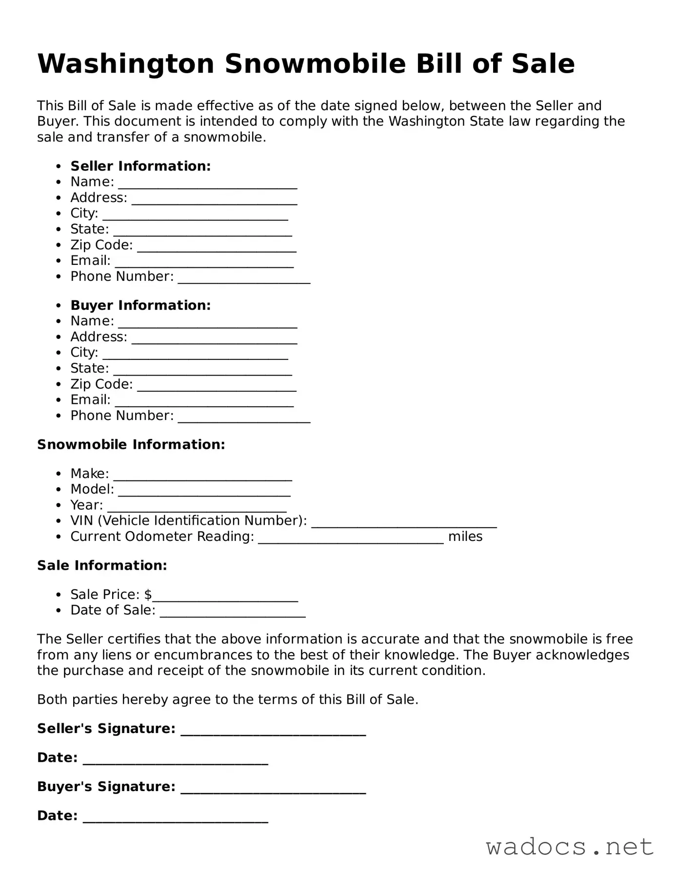 Attorney-Verified Snowmobile Bill of Sale Template for Washington State