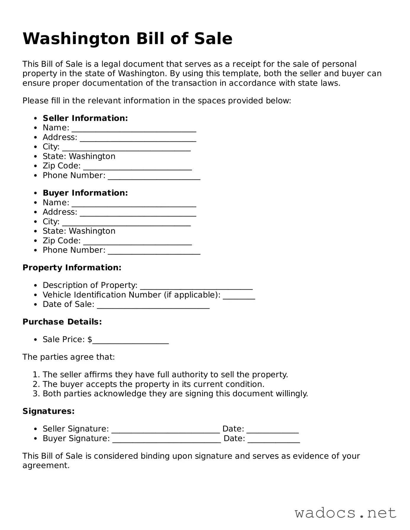 Attorney-Verified Bill of Sale Template for Washington State