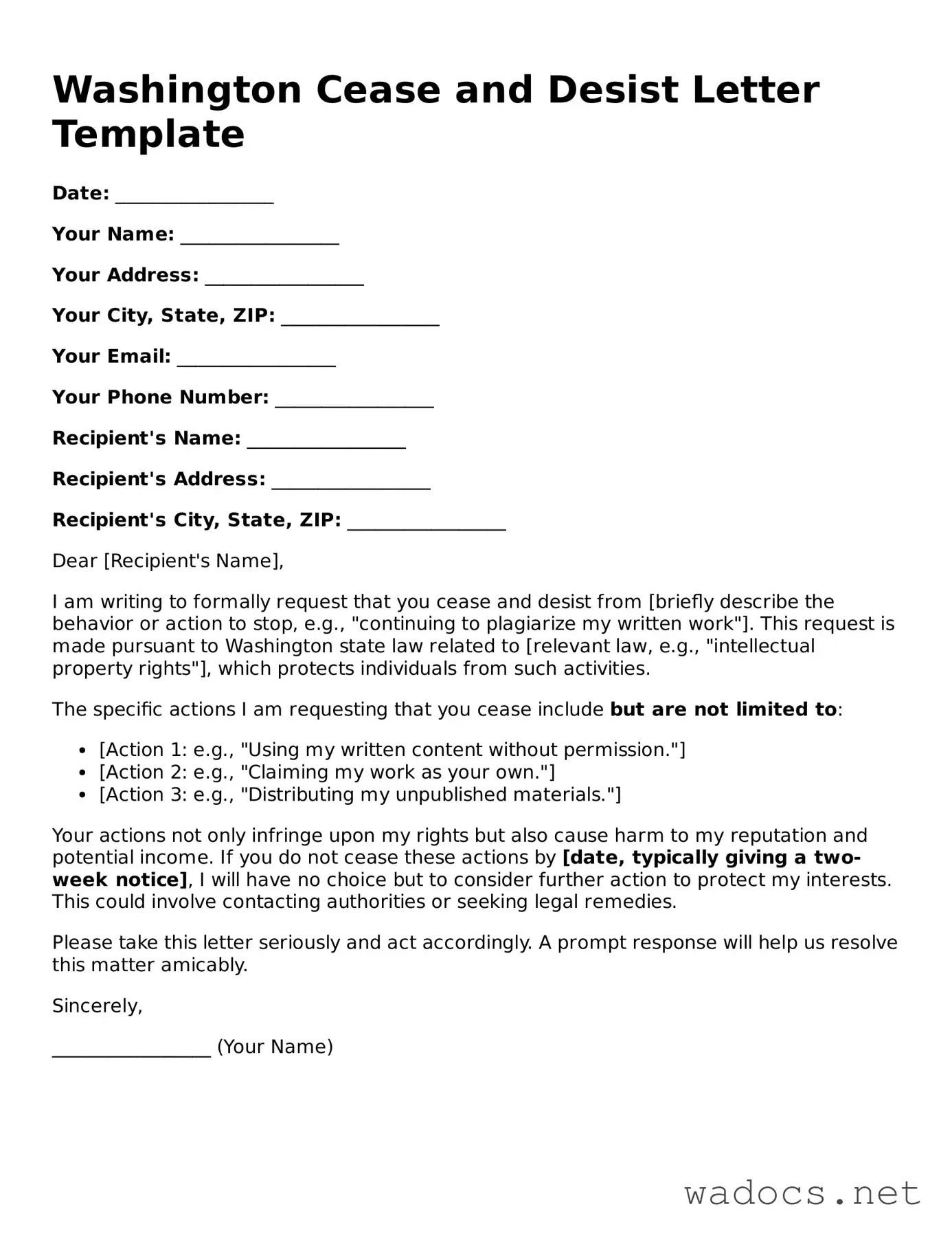 Attorney-Verified Cease and Desist Letter Template for Washington State