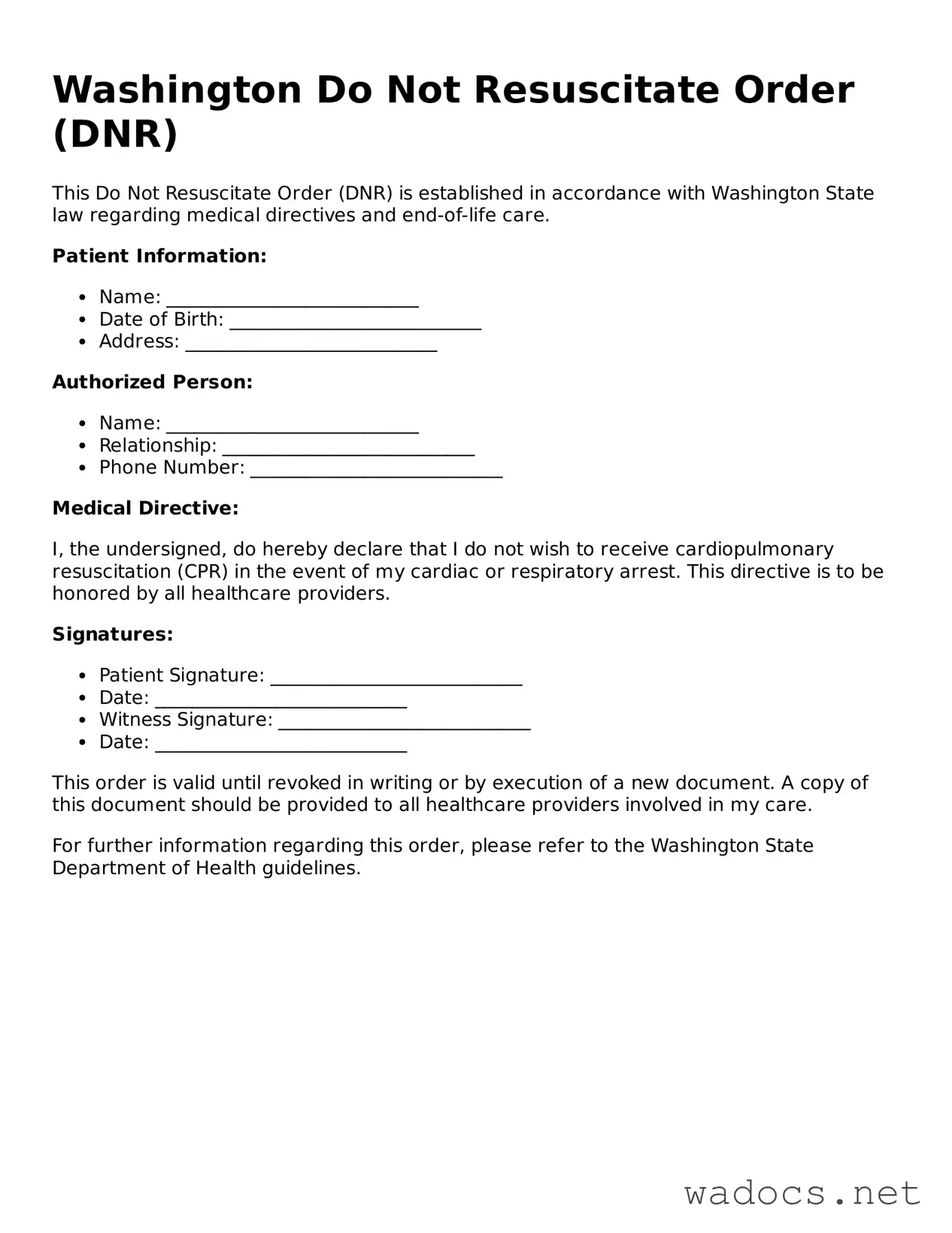 Attorney-Verified Do Not Resuscitate Order Template for Washington State