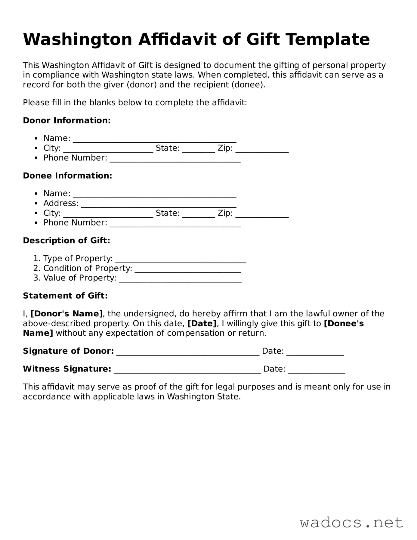 Attorney-Verified Affidavit of Gift Template for Washington State