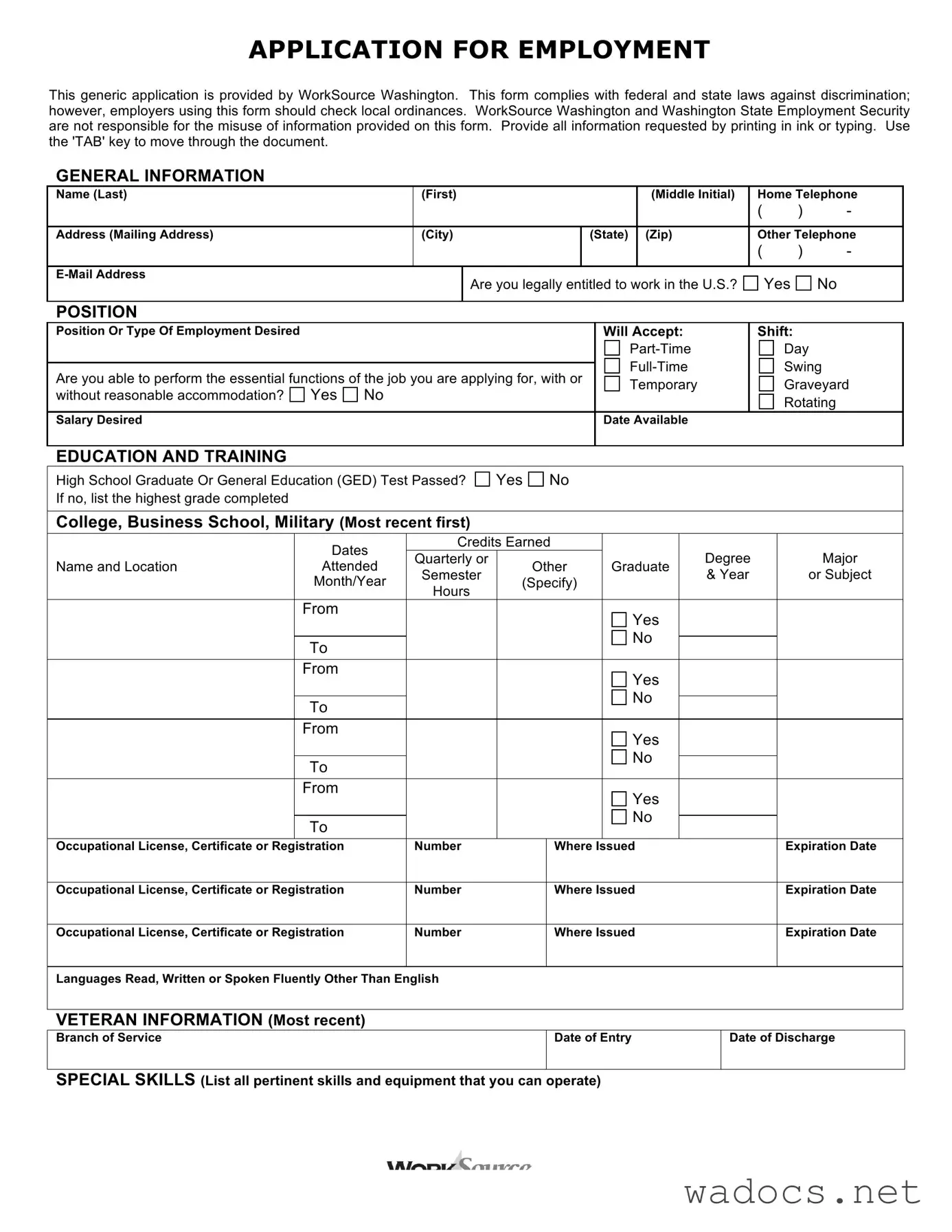 Blank Washington Employment Application Form
