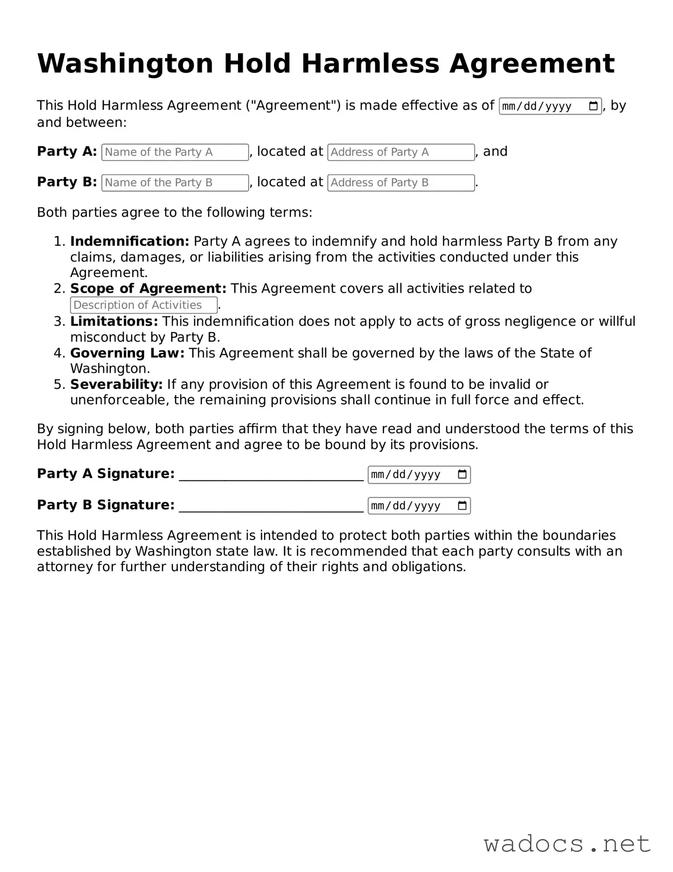 Attorney-Verified Hold Harmless Agreement Template for Washington State