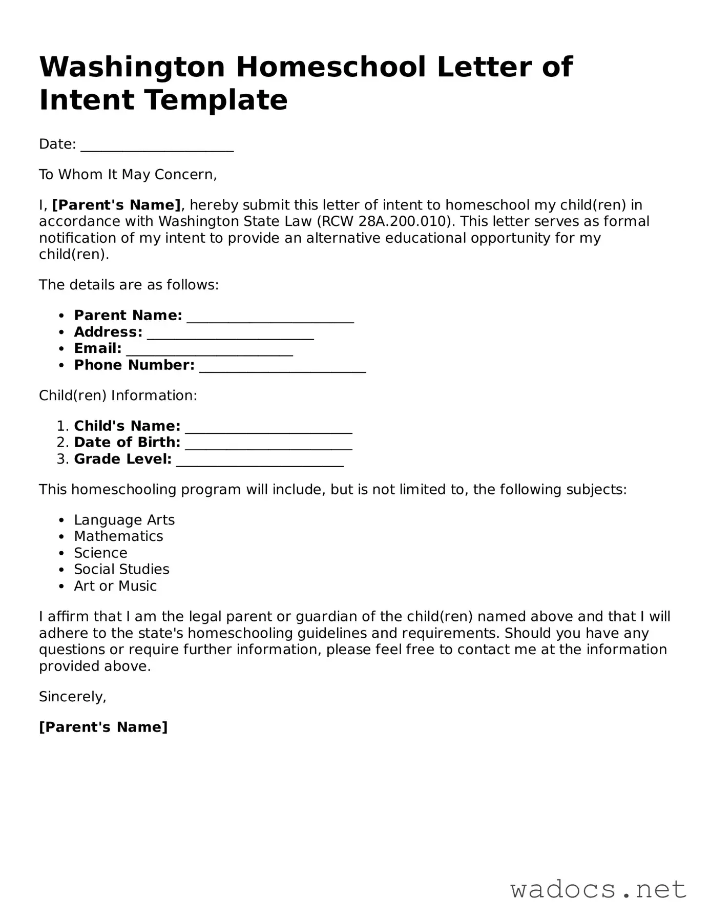 Attorney-Verified Homeschool Letter of Intent Template for Washington State