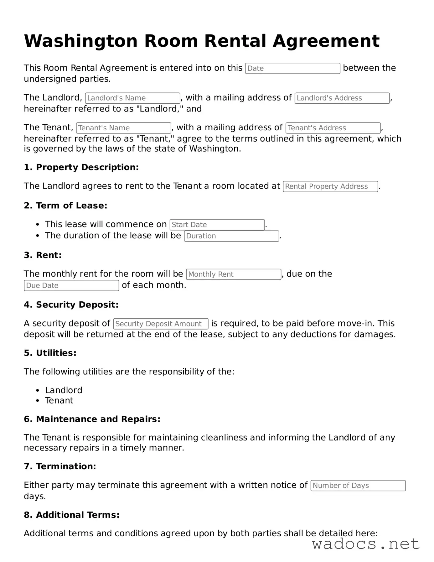 Attorney-Verified Room Rental Agreement Template for Washington State