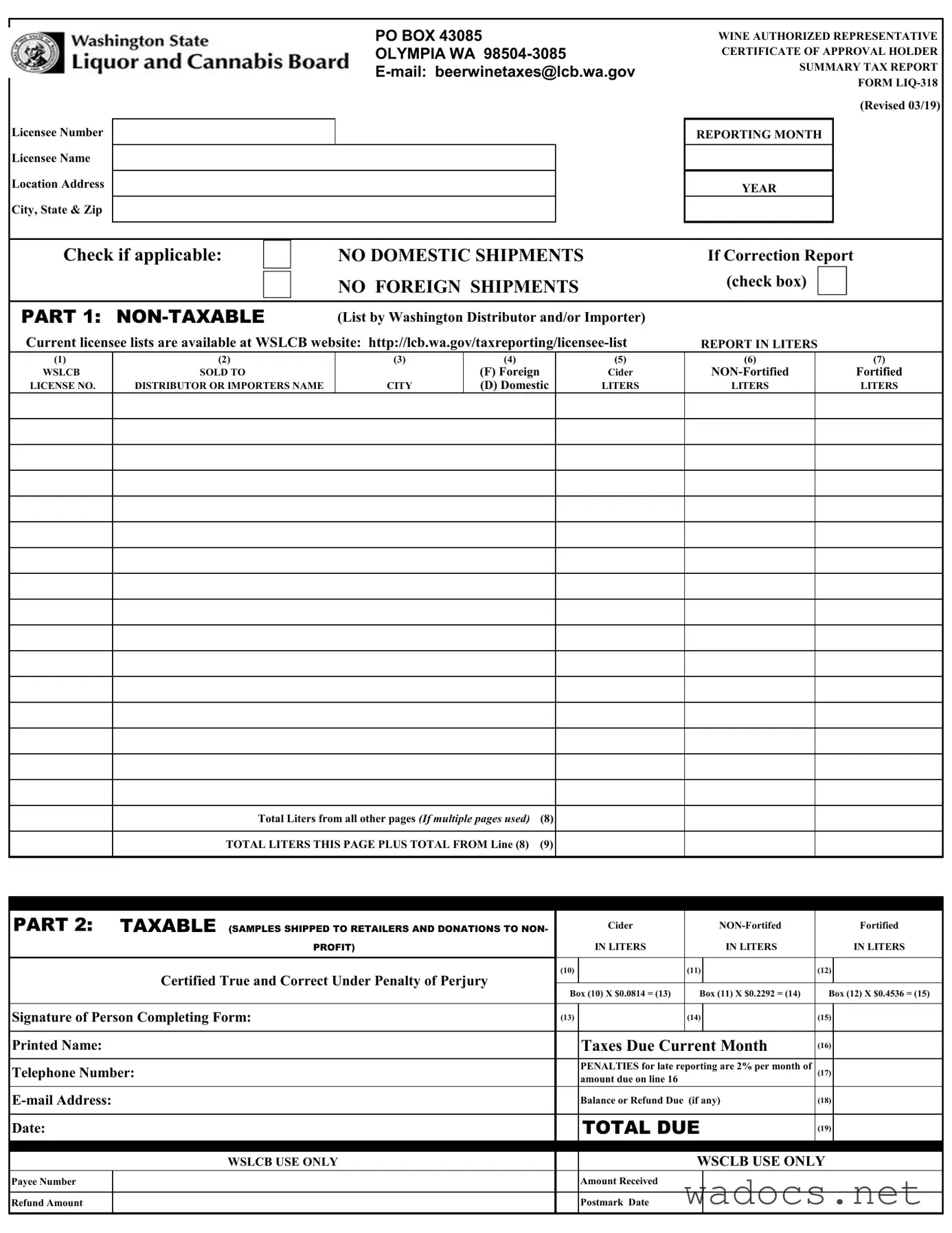 Blank Washington Liq 318 Form