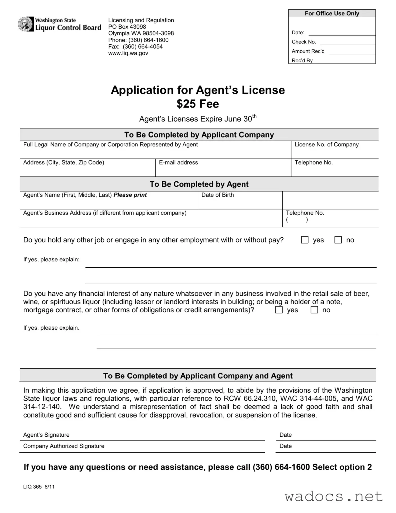 Blank Washington Liq 365 Form