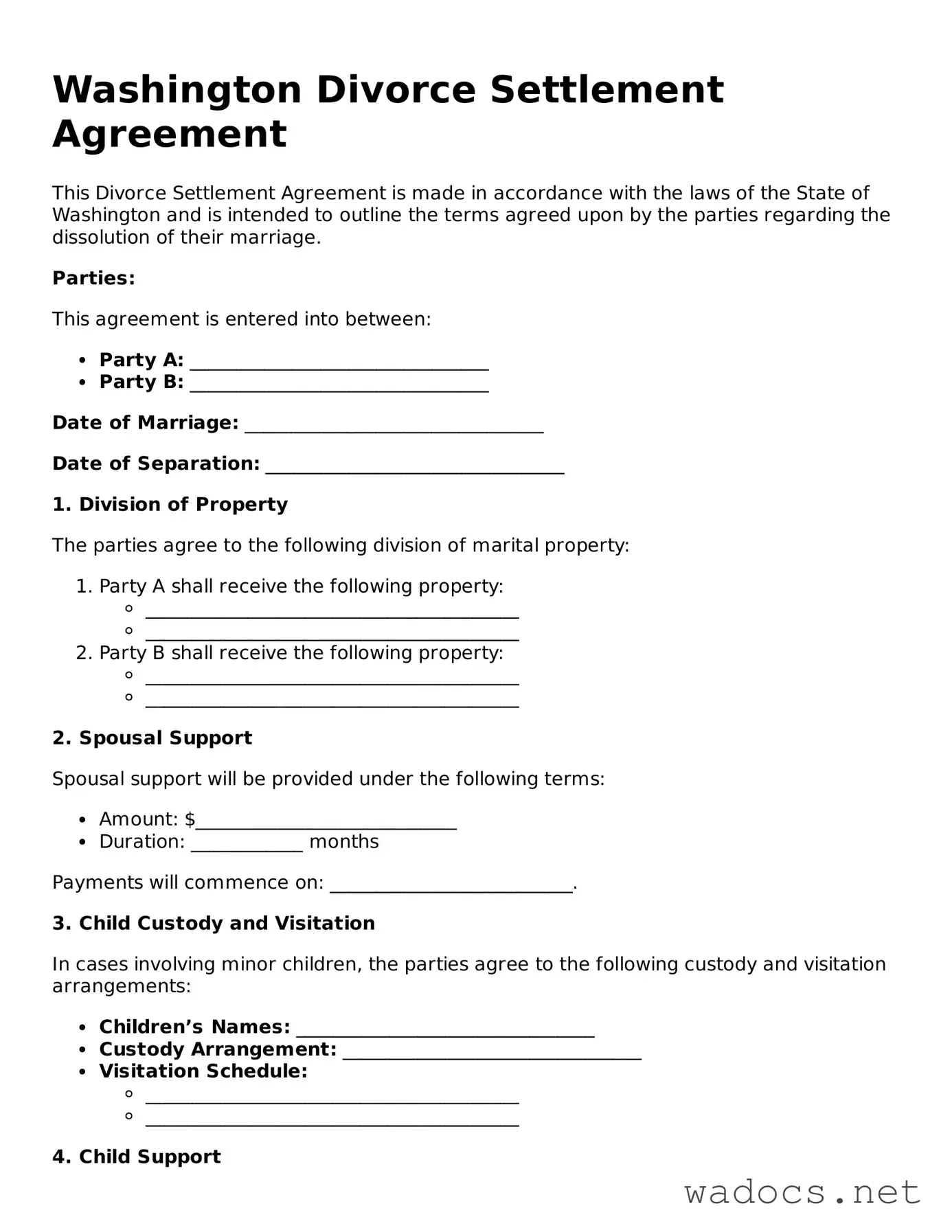 Attorney-Verified Divorce Settlement Agreement Template for Washington State