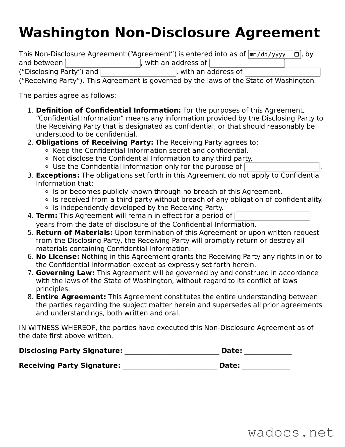 Attorney-Verified Non-disclosure Agreement Template for Washington State