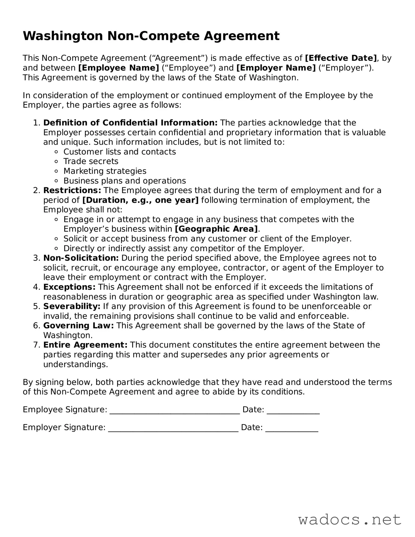 Attorney-Verified Non-compete Agreement Template for Washington State