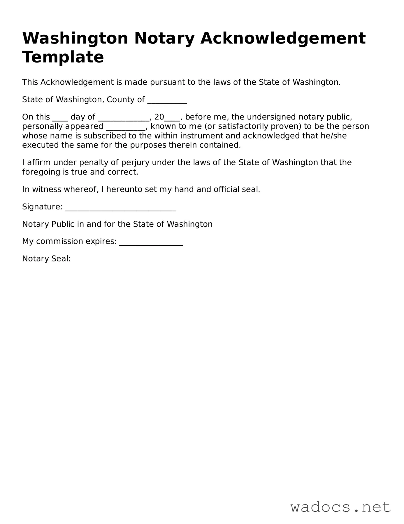 Attorney-Verified Notary Acknowledgement Template for Washington State