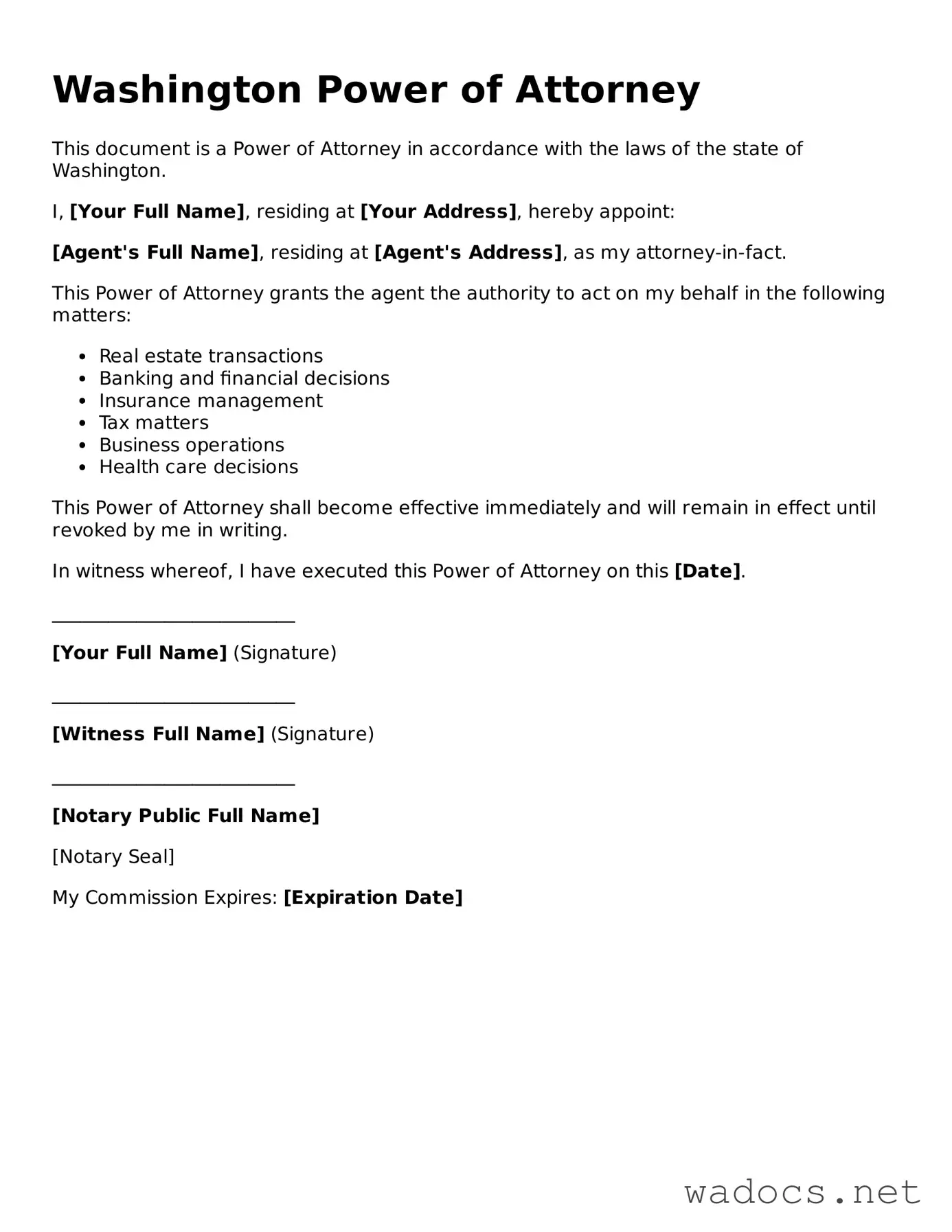 Attorney-Verified Power of Attorney Template for Washington State