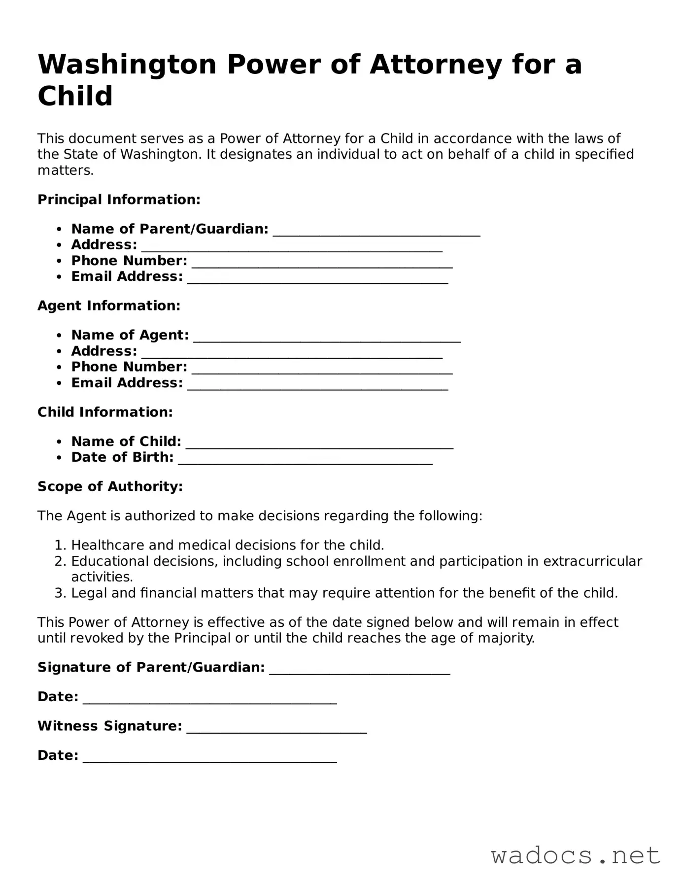Attorney-Verified Power of Attorney for a Child Template for Washington State