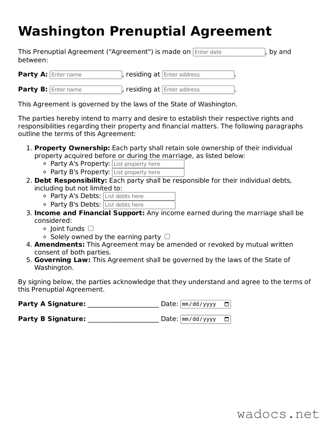 Attorney-Verified Prenuptial Agreement Template for Washington State