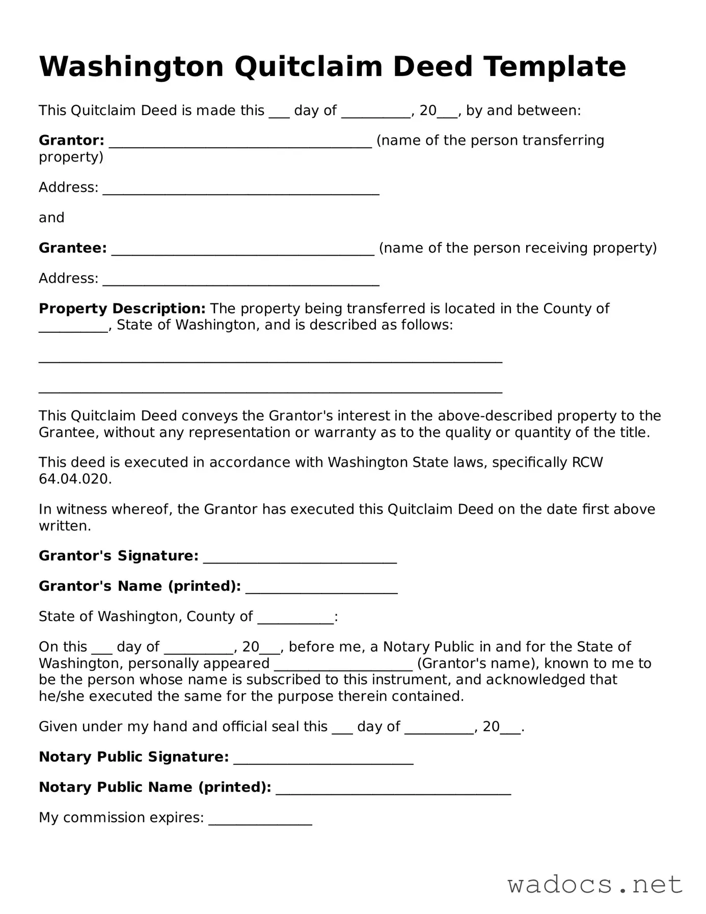 Attorney-Verified Quitclaim Deed Template for Washington State