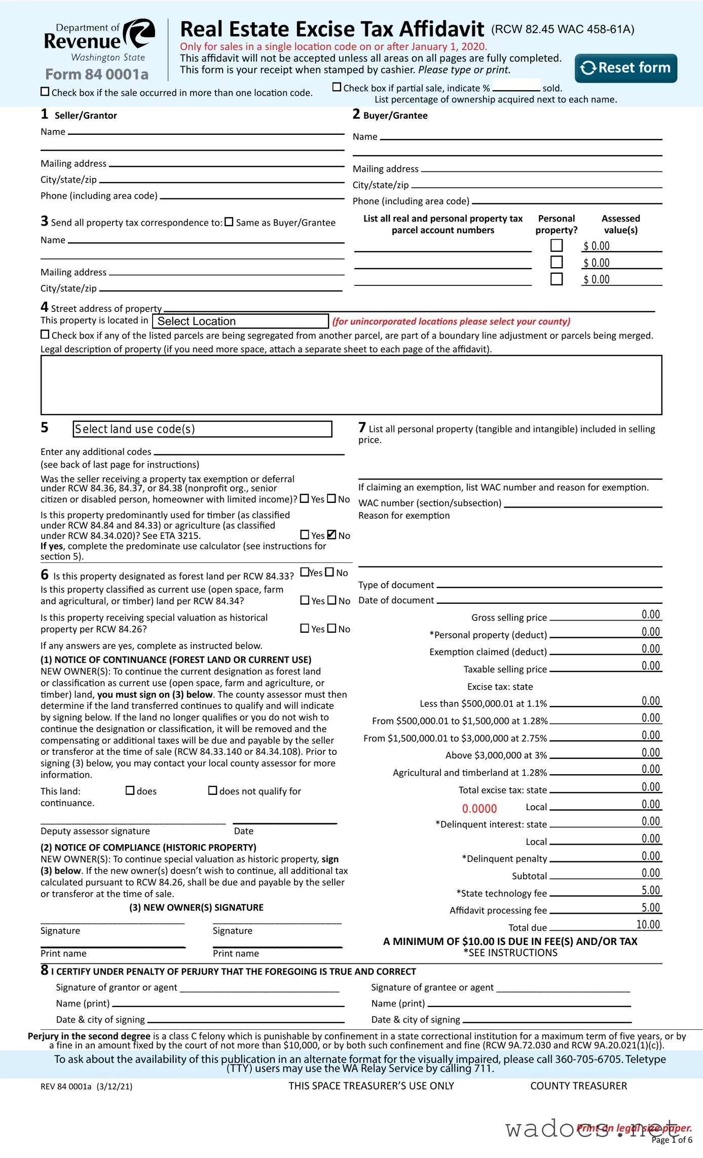 Blank Washington Real Estate Excise Tax Affidavit Form