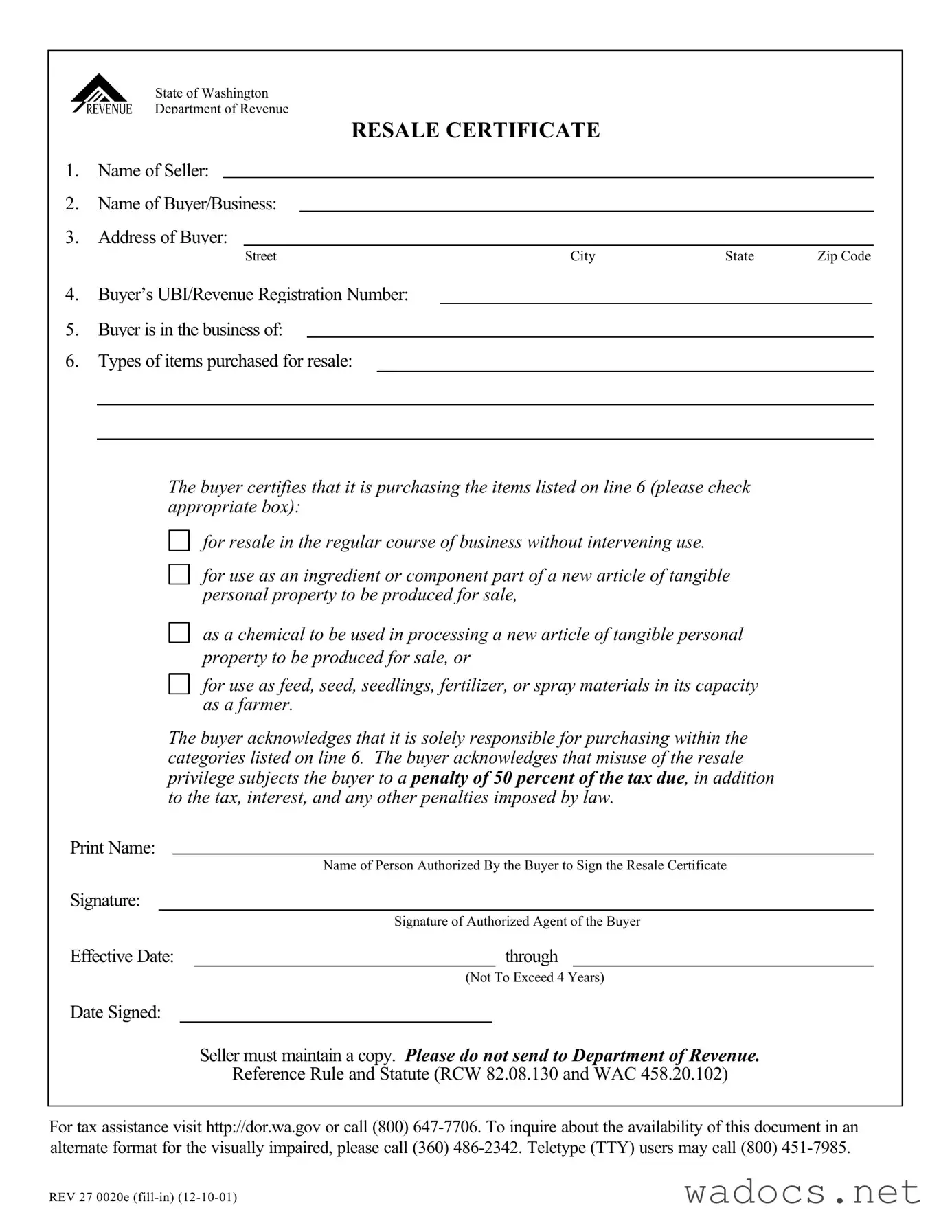 Blank Washington Resale Certificate Form