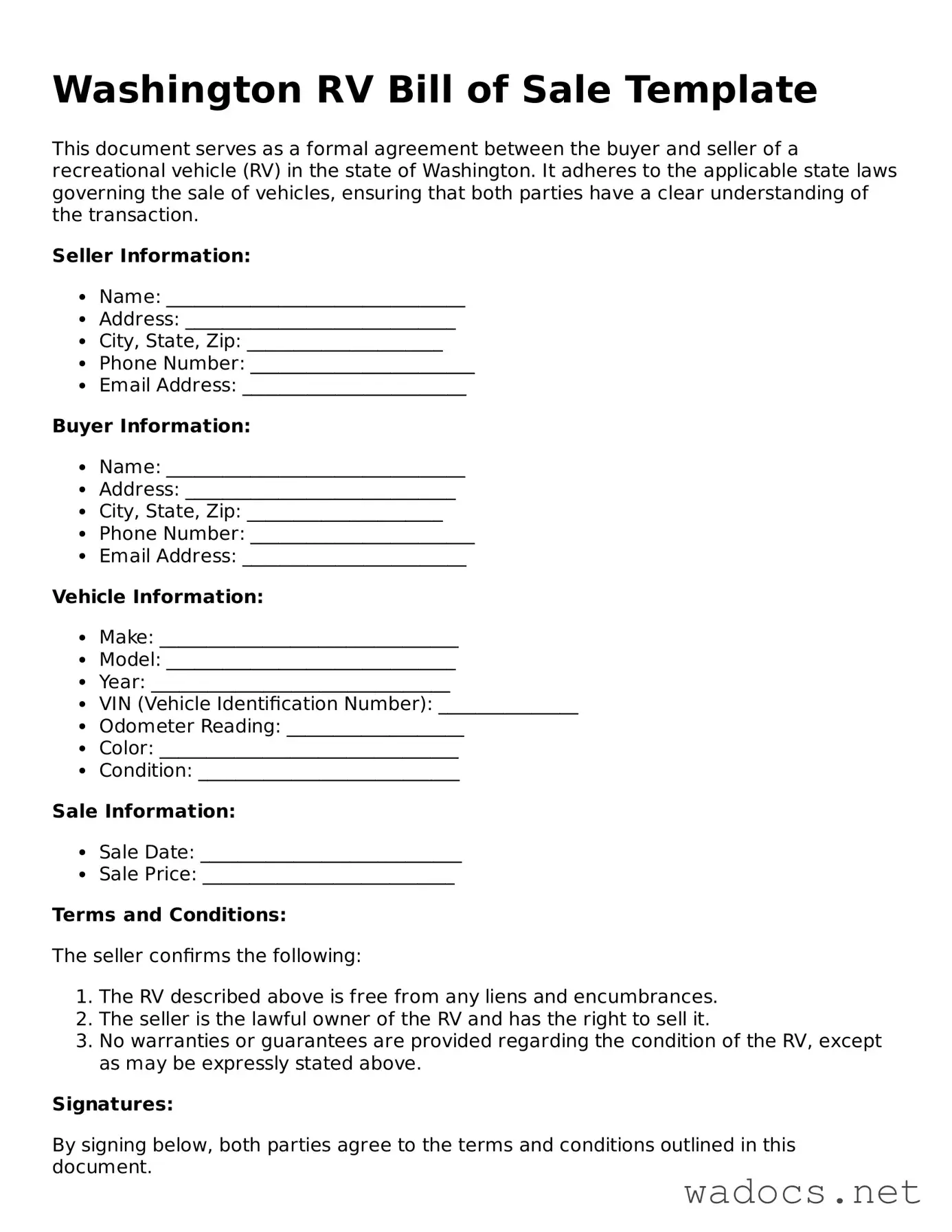 Attorney-Verified RV Bill of Sale Template for Washington State